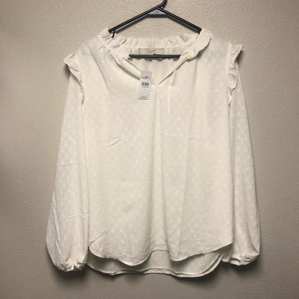 White Ruffle LOFT long sleeve blouse w/ polka dots